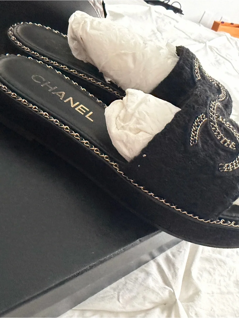 CHANEL Black Faux-Fur Slide Mules with Gold Chain CC